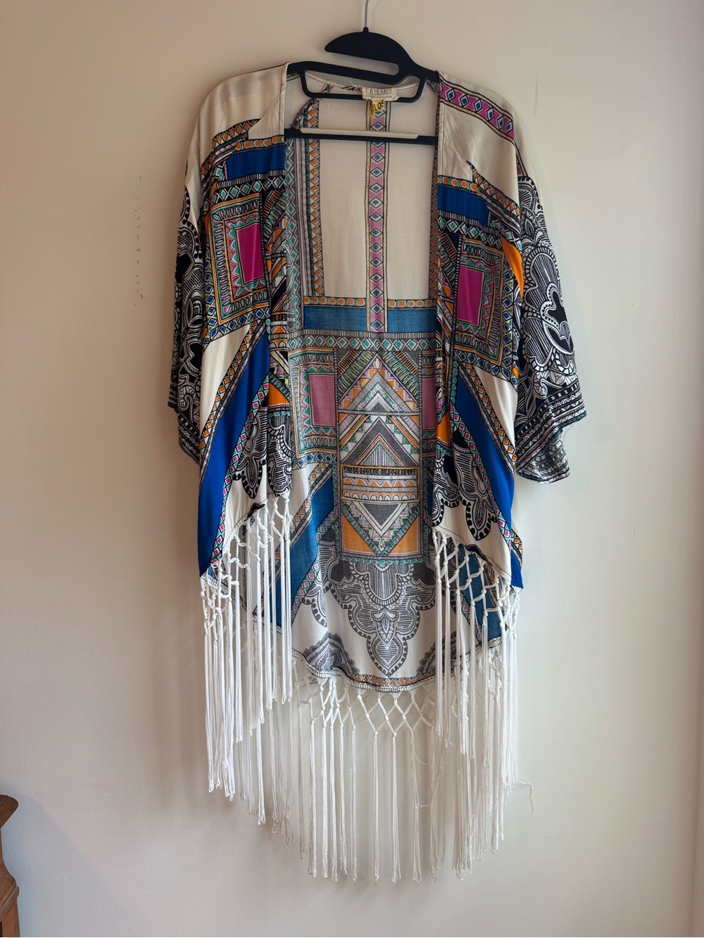 La Hearts Cream Kimono with Blue, Pink & Orange Geometric Print